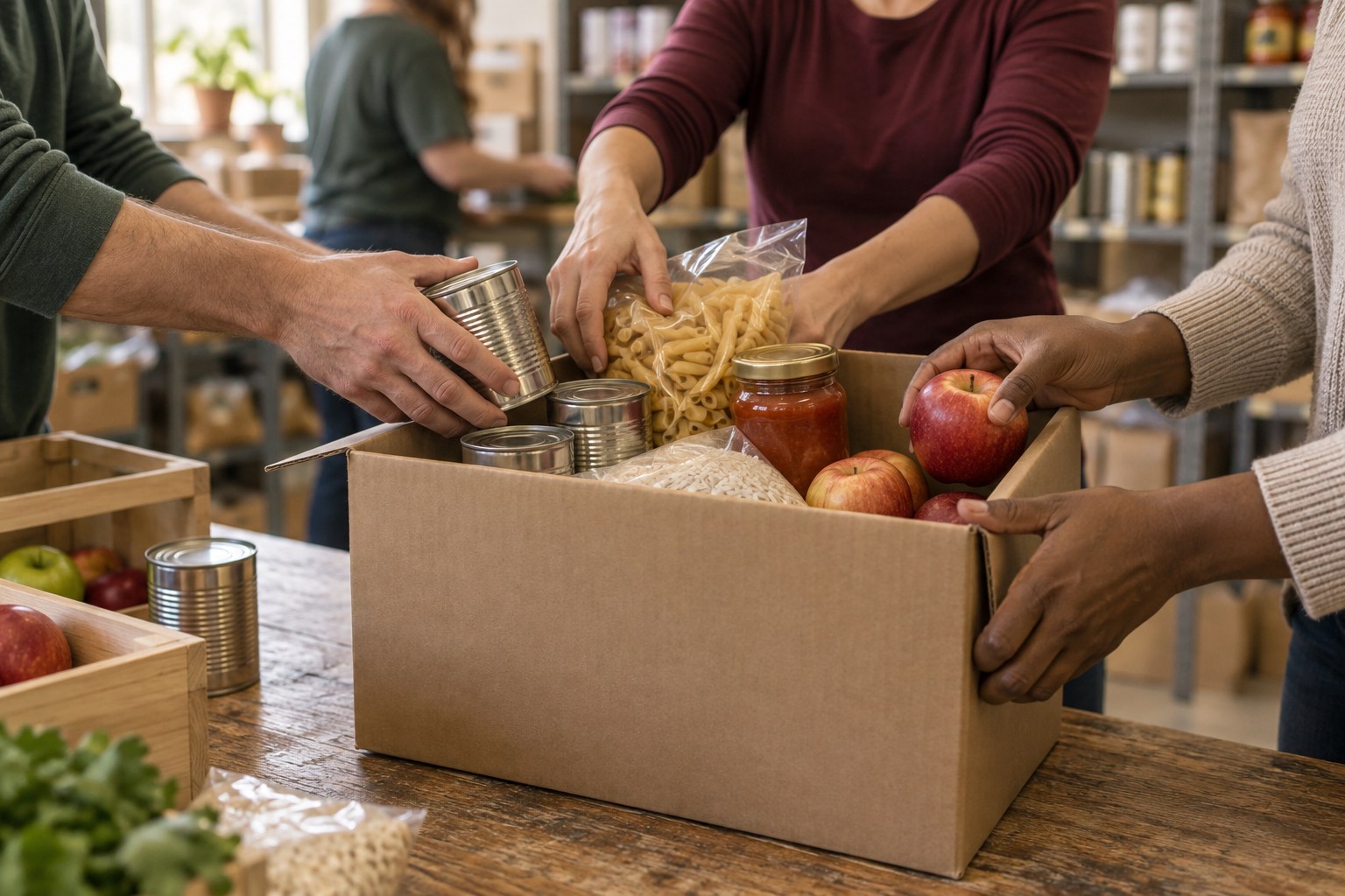 Volunteers placing groceries into a food donation box